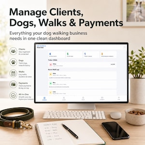 Könnte beinhalten: Ein Computermonitor zeigt ein Dashboard für ein Hundegeschäft mit dem Text Manage Clients, Dogs, Walks & Payments. Der Bildschirm zeigt Kunden- und Spaziergangsprotokolle. Eine grüne Hundeleine, ein Notizbuch mit Tagesplan und ein Smartphone liegen auf dem Tisch.