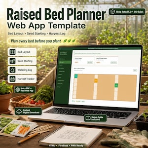 Könnte beinhalten: Ein Laptop zeigt eine Raised Bed Planner Web-App-Vorlage mit einer Gartenlayout-Oberfläche. Der Bildschirm zeigt Text wie Bed Layout, Seed Starting und Harvest Log. Das Set enthält ein Notizbuch, einen Bleistift und Gartenhandschuhe.
