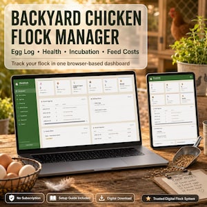Peut inclure: Un ordinateur portable et une tablette affichant le tableau de bord de gestion de poulailler FlockDash. L'écran montre des journaux d'œufs, des alertes santé et des coûts d'alimentation. Un panier d'œufs, une pelle à grains et un carnet sont présents.