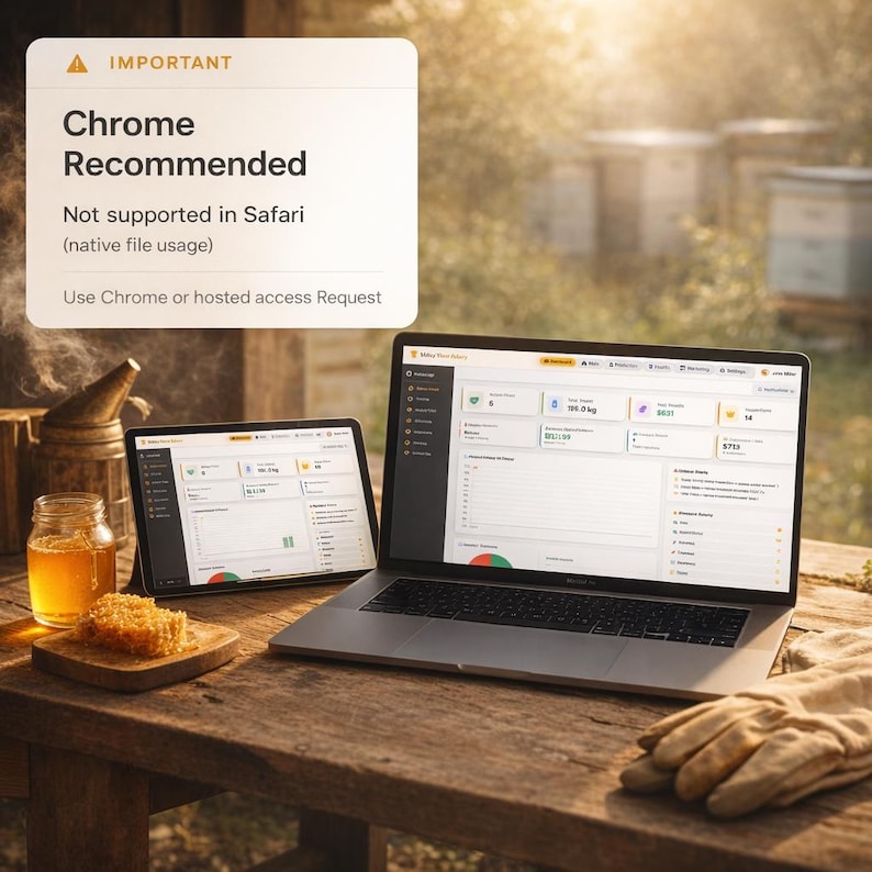May include: A laptop and tablet displaying data analytics sit on a wooden table, alongside honey and beekeeping equipment. The screen shows data, with the text "Chrome Recommended" in a white box.