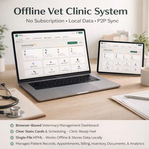 Op de afbeelding: Een laptop en tablet tonen een veterinair management dashboard. Het scherm toont een gebruikersinterface met pictogrammen en gegevens. De tekst bovenaan luidt "Offline Vet Clinic System". Een stethoscoop en notitieblok zijn ook zichtbaar.
