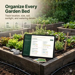 May include: A tablet displaying a garden management app interface sits in a wooden raised garden bed. The screen shows text including Organize Every Garden Bed, Bed Details, Soil Type, and Watering Method, alongside a list of garden beds.
