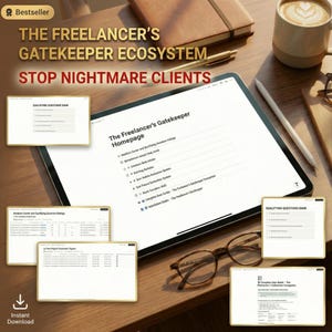 Puede incluir: Un producto digital titulado "The Freelancer's Gatekeeper Ecosystem" se muestra en una tableta. La imagen incluye el texto "STOP NIGHTMARE CLIENTS" y varias capturas de pantalla de documentos. También se ven una taza de café, gafas y un bolígrafo.