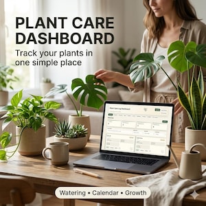 May include: A laptop displaying a plant care dashboard sits on a wooden table, surrounded by potted plants. The text "PLANT CARE DASHBOARD" and "Track your plants in one simple place" are visible. A mug, pen, and watering can are also on the table. The words "Watering • Calendar • Growth" are at the bottom.