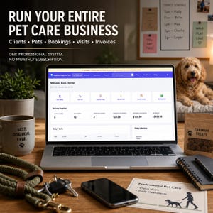 May include: A laptop displaying a pet care business dashboard with text reading RUN YOUR ENTIRE PET CARE BUSINESS, Clients, Pets, Bookings, Visits, Invoices, and ONE PROFESSIONAL SYSTEM. NO MONTHLY SUBSCRIPTION. Includes a mug, leash, and treats.