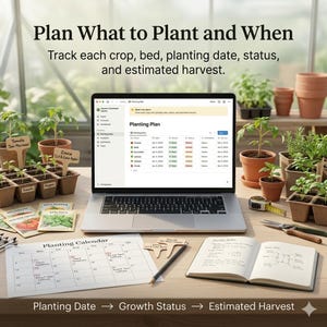May include: A laptop displaying a digital planting plan, surrounded by a paper planting calendar, seed packets, small potted plants with wooden labels, a notebook, a pencil, a measuring tape, and garden shears on a wooden surface.