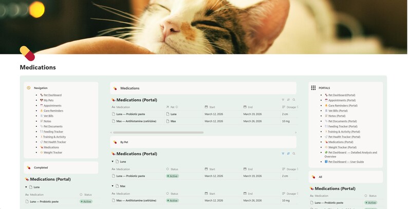 Puede incluir: Una interfaz digital para medicamentos para mascotas, con la cara de un gato en la parte superior. La interfaz incluye secciones para navegaci&oacute;n, medicamentos y portales. El texto "Medications" se muestra de forma destacada.