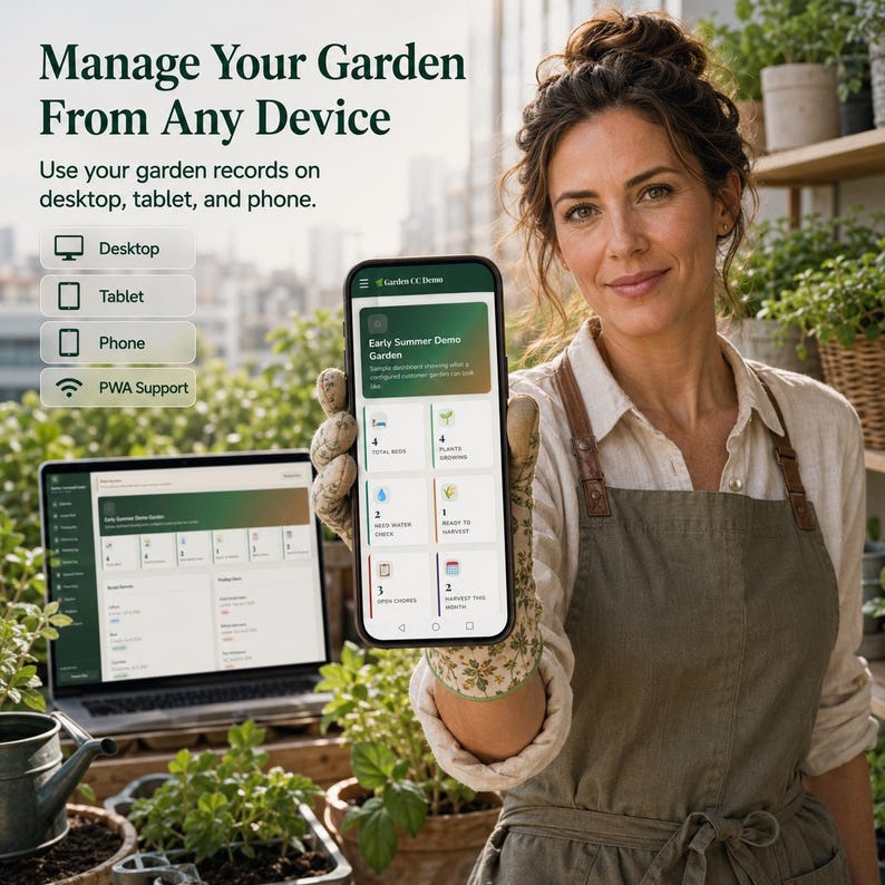 May include: A smartphone displaying a garden management app interface with text reading Manage Your Garden From Any Device, Use your garden records on desktop, tablet, and phone, alongside icons for Desktop, Tablet, Phone, and PWA Support.
