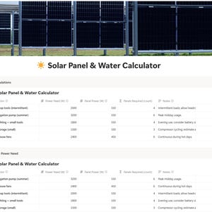 May include: A webpage titled "Solar Panel & Water Calculator" with a farm management template. The page includes calculations for power needs, with a background of solar panels and a white van.