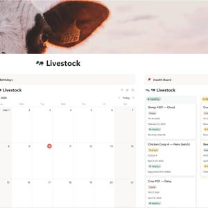 May include: A digital farm management template with a cow's head in the background. The interface includes sections for herd management, a calendar, and a health board, all under the "Livestock" heading. The calendar highlights a date in March.