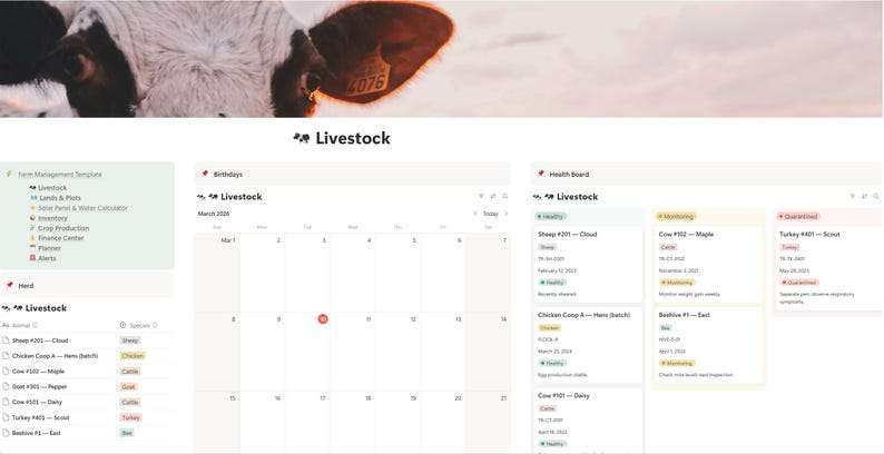 May include: A digital farm management template with a cow's head in the background. The interface includes sections for herd management, a calendar, and a health board, all under the "Livestock" heading. The calendar highlights a date in March.