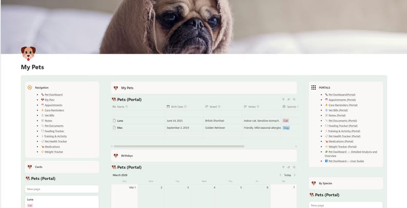 Puede incluir: Una interfaz digital para la gesti&oacute;n de mascotas, con un carlino en la parte superior. La pantalla muestra secciones para la navegaci&oacute;n, los detalles de las mascotas, los cumplea&ntilde;os y los portales. La interfaz es verde claro y blanca, con el texto "My Pets".
