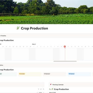 May include: A digital farm management dashboard interface titled Crop Production, featuring a banner image of a green field, a timeline view for February and March 2024, and status categories including Harvested, In Care, Planned, and Denied.