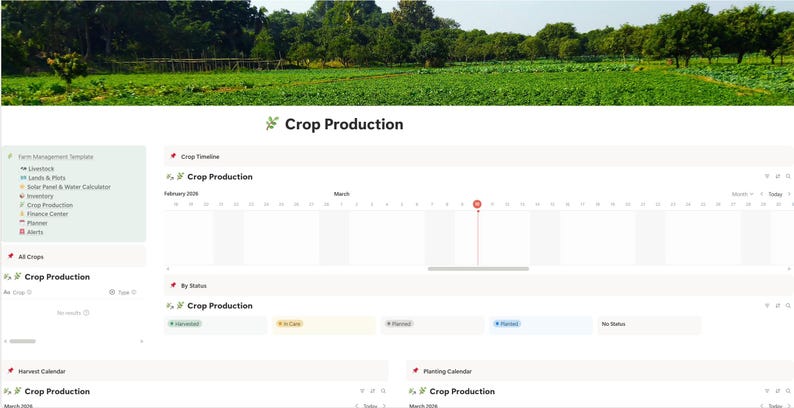 May include: A digital farm management dashboard interface titled Crop Production, featuring a banner image of a green field, a timeline view for February and March 2024, and status categories including Harvested, In Care, Planned, and Denied.