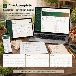 May include: A digital garden management software displayed on a laptop, tablet, and smartphone, featuring dashboards for planting plans, harvest logs, and watering schedules. Printed summary sheets and a spiral notebook with handwritten notes are included.