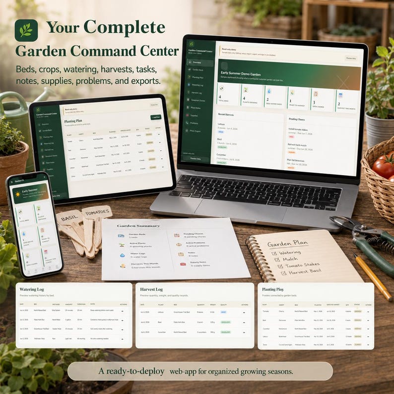 May include: A digital garden management software displayed on a laptop, tablet, and smartphone, featuring dashboards for planting plans, harvest logs, and watering schedules. Printed summary sheets and a spiral notebook with handwritten notes are included.