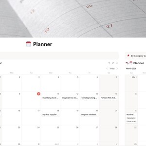 May include: A digital planner interface with a calendar view for March 2020, featuring a list of farm management tasks. The interface includes sections for livestock, lands and plots, and inventory, with a calendar overlay.