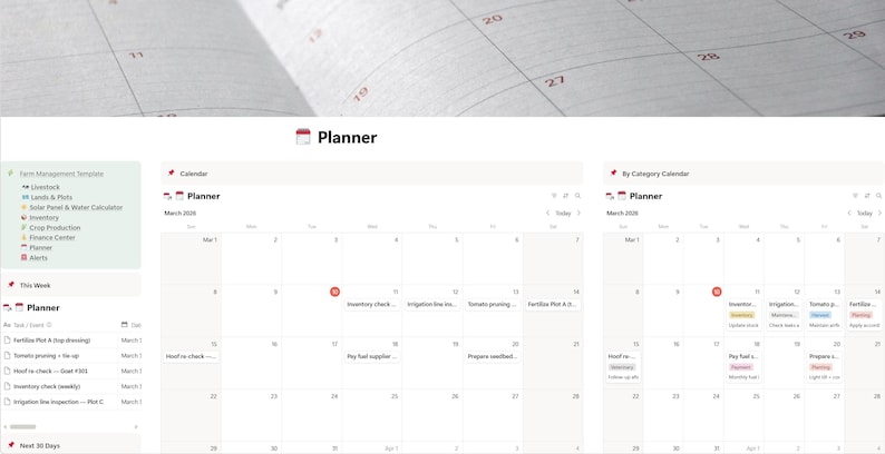 May include: A digital planner interface with a calendar view for March 2020, featuring a list of farm management tasks. The interface includes sections for livestock, lands and plots, and inventory, with a calendar overlay.