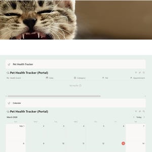 Puede incluir: Una interfaz de sitio web para un Pet Health Tracker, con un calendario, opciones de navegaci&oacute;n y una imagen de gato en la parte superior. La interfaz incluye secciones para citas, notas y seguimiento de peso.