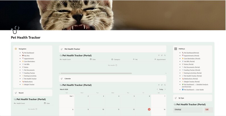 Puede incluir: Una interfaz de sitio web para un Pet Health Tracker, con un calendario, opciones de navegaci&oacute;n y una imagen de gato en la parte superior. La interfaz incluye secciones para citas, notas y seguimiento de peso.