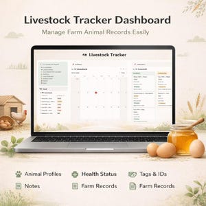Peut inclure: Un ordinateur portable affiche un tableau de bord "Livestock Tracker", avec un calendrier et des champs de données. L'image comprend un poulailler, des œufs et un pot de miel. Le texte à l'écran indique "Gérer facilement les dossiers des animaux de la ferme".