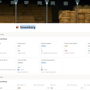 May include: A screenshot of a farm management template with an inventory section. The template includes item cards for wheat seed, hand primers, copper fungicide, tomato seeds, irrigation emitters, and urea. The word "Inventory" is displayed in the top right corner.