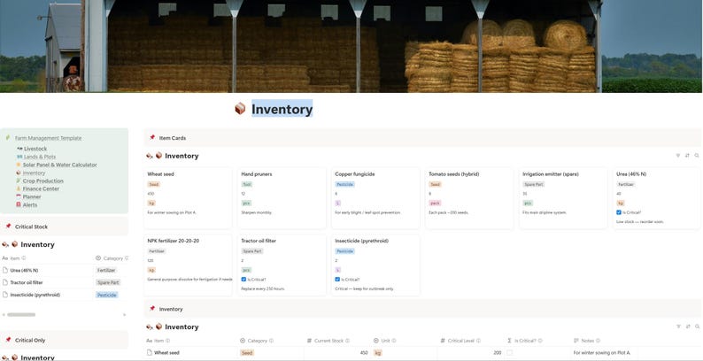 May include: A screenshot of a farm management template with an inventory section. The template includes item cards for wheat seed, hand primers, copper fungicide, tomato seeds, irrigation emitters, and urea. The word "Inventory" is displayed in the top right corner.