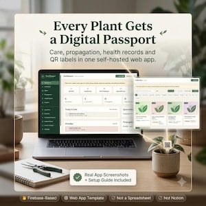Peut inclure: Un ordinateur portable affichant un tableau de bord d'application web intitulé Every Plant Gets a Digital Passport, avec des dossiers de soins. Une petite plante en pot avec une étiquette QR, un carnet et des ciseaux sont sur le bureau.