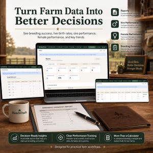 Może przedstawiać: Oprogramowanie RanchTrack na laptopie, tablecie i smartfonie z raportami hodowlanymi, wraz z wydrukowanym raportem, czarnym długopisem i kubkiem. Tekst głosi Turn Farm Data Into Better Decisions.