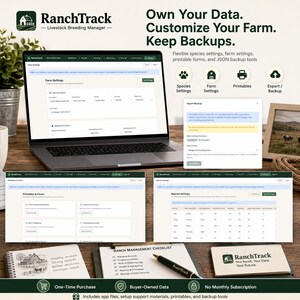 Może przedstawiać: Ekran laptopa z oprogramowaniem RanchTrack do zarządzania hodowlą zwierząt, wraz z dodatkowymi widokami interfejsu, listą kontrolną i notatnikiem. Tekst zawiera Own Your Data, Customize Your Farm, Keep Backups.