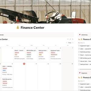 May include: A digital finance center interface with a tractor in the background. The interface displays a calendar, expense tracking, and financial summaries. The interface is white with green, red, and yellow accents.