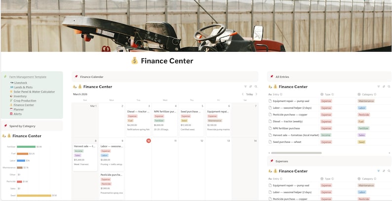 May include: A digital finance center interface with a tractor in the background. The interface displays a calendar, expense tracking, and financial summaries. The interface is white with green, red, and yellow accents.