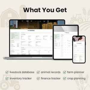 What You Get
✔ livestock database
✔ animal records
✔ farm planner
✔ inventory tracker
✔ finance tracker
✔ crop planning