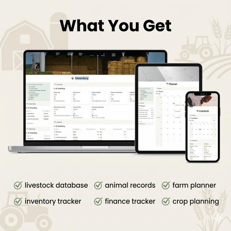 What You Get
✔ livestock database
✔ animal records
✔ farm planner
✔ inventory tracker
✔ finance tracker
✔ crop planning