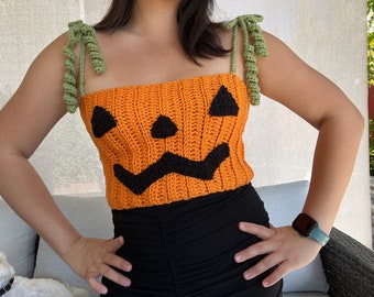 Top z dyni Jack-O-Lantern | Wzór szydełkowy | Paski ze sznurka | Halloween