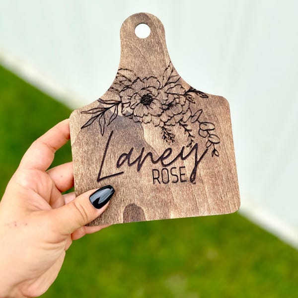 Engraved Wooden Cow Tag Birth Announcement Sign: Newborn Name