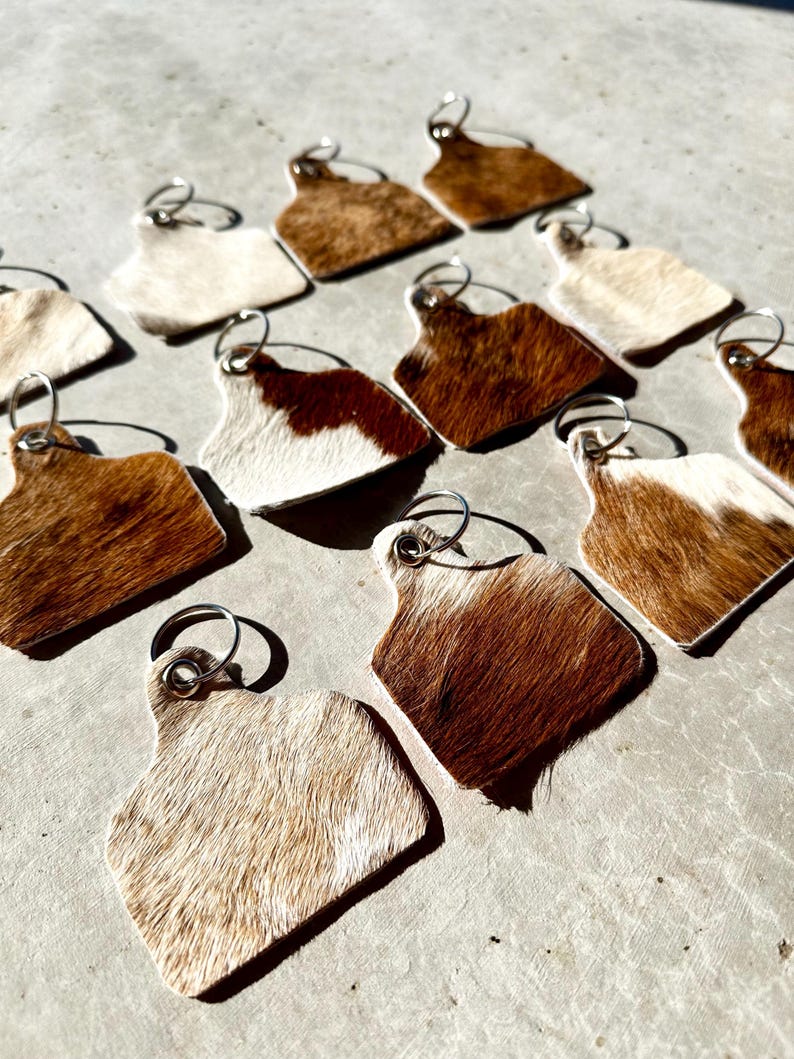 May include: A collection of cowhide keyrings with silver key rings. The keyrings are shaped like a cow tag and have a brown and white pattern.