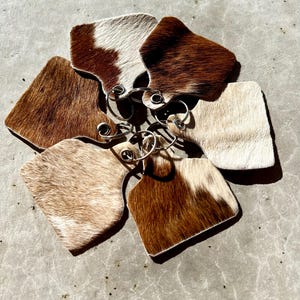 May include: Six brown and white cowhide keyrings with silver key rings. The keyrings are shaped like a cow tag.