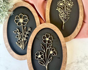 Arte mural de flores silvestres cortado con láser, letrero ovalado de madera de tilo, decoración de estilo rústico occidental, decoración para guardería