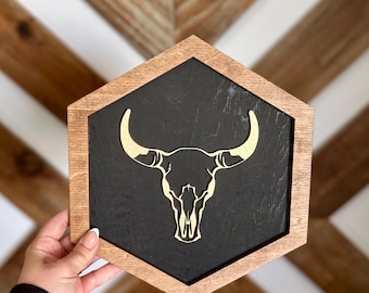 Arte de pared con calavera de toro hexagonal 3D cortada con láser, decoración rústica de madera para pared