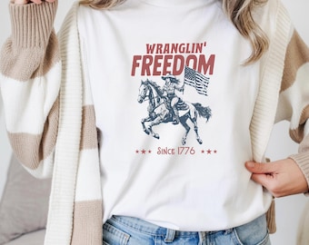 Camiseta retro vaquera de la libertad, camiseta del 4 de julio estilo western, camiseta patriótica para mujer.