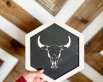 Arte de pared con calavera de toro hexagonal 3D cortada con láser, decoración rústica de madera para pared