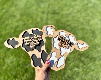 Letrero de anuncio de nacimiento de vaca: estadísticas de bebé grabadas en madera, decoración de hospital
