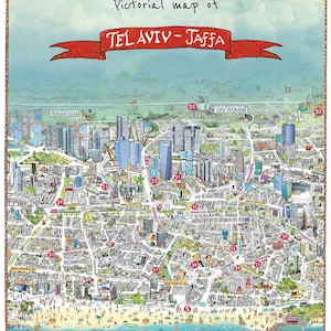 Tel Living Karte, Digitaldruck Karte, Illustrierte Karte, Kartenmalerei, Urbane Kunst Geschenk, Moderne Stadt Karte, Israel Kunst, Israel Geschenk