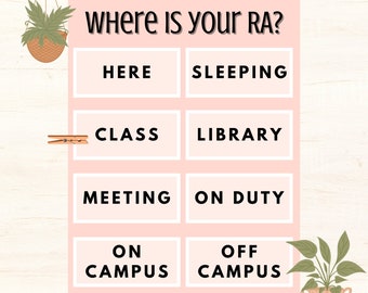 Pink Printable Where Is Your RA? Board | Resident Assistant Sign | College Student Door Sign | INSTANT DOWNLOAD