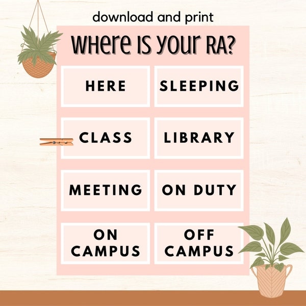 Pink Printable Where Is Your RA? Board | Resident Assistant Sign | College Student Door Sign | INSTANT DOWNLOAD