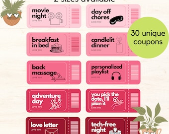 Pink Printable Love Coupons for Valentine&#39;s Day | 2 Sizes | For Couples & Solo-Dates | Instant Download