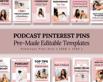25 Podcast Pinterest Pins Canva Templates | Can be use as a lead magnet, ebook or workbook cover | for Podcasters, coaches or creators.