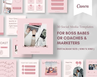 30 Pink Boss Babe Instagram Post Editable Canva Templates for Marketing, Coaches, Women Small business owners and Influencers