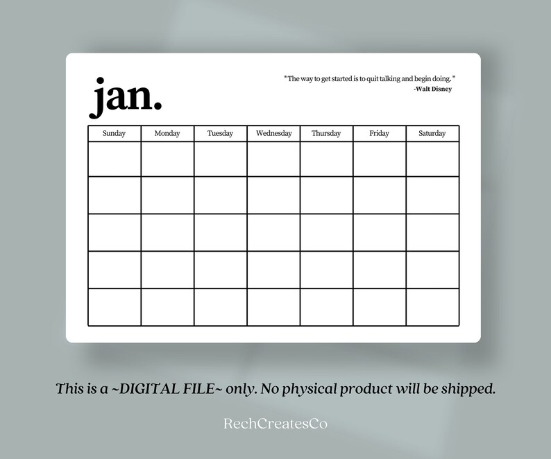 Monthly Blank Editable Calendar Simple Calendar Horizontal - Etsy